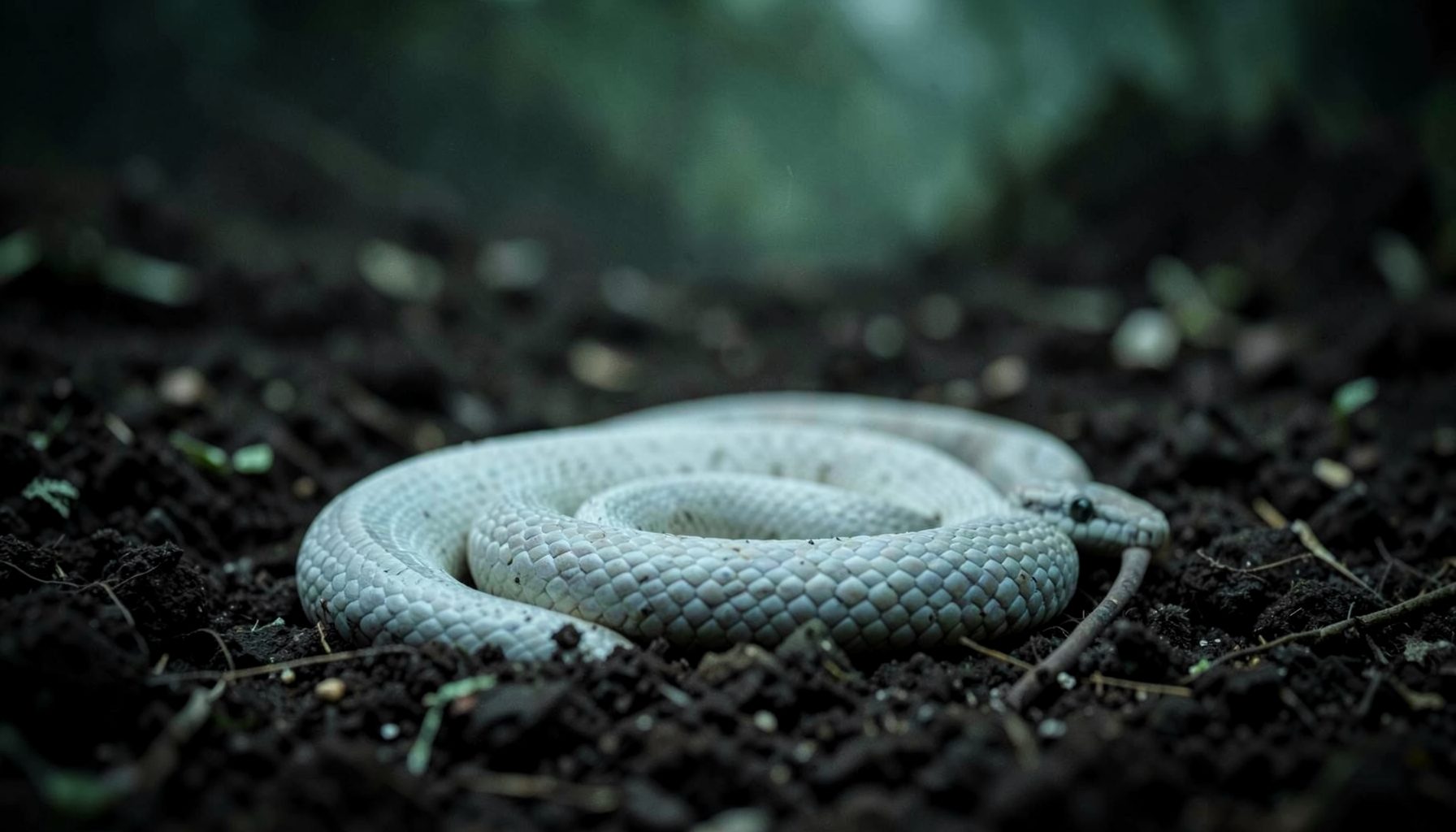 A pale white snake coiled on dark earth, eerie and mysterious atmosphere with muted green and gray tones