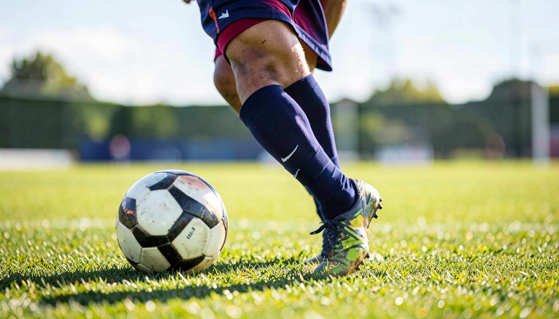 A close-up of a footballer's foot striking a ball with an unusual crossed-leg technique on a sunlit training ground