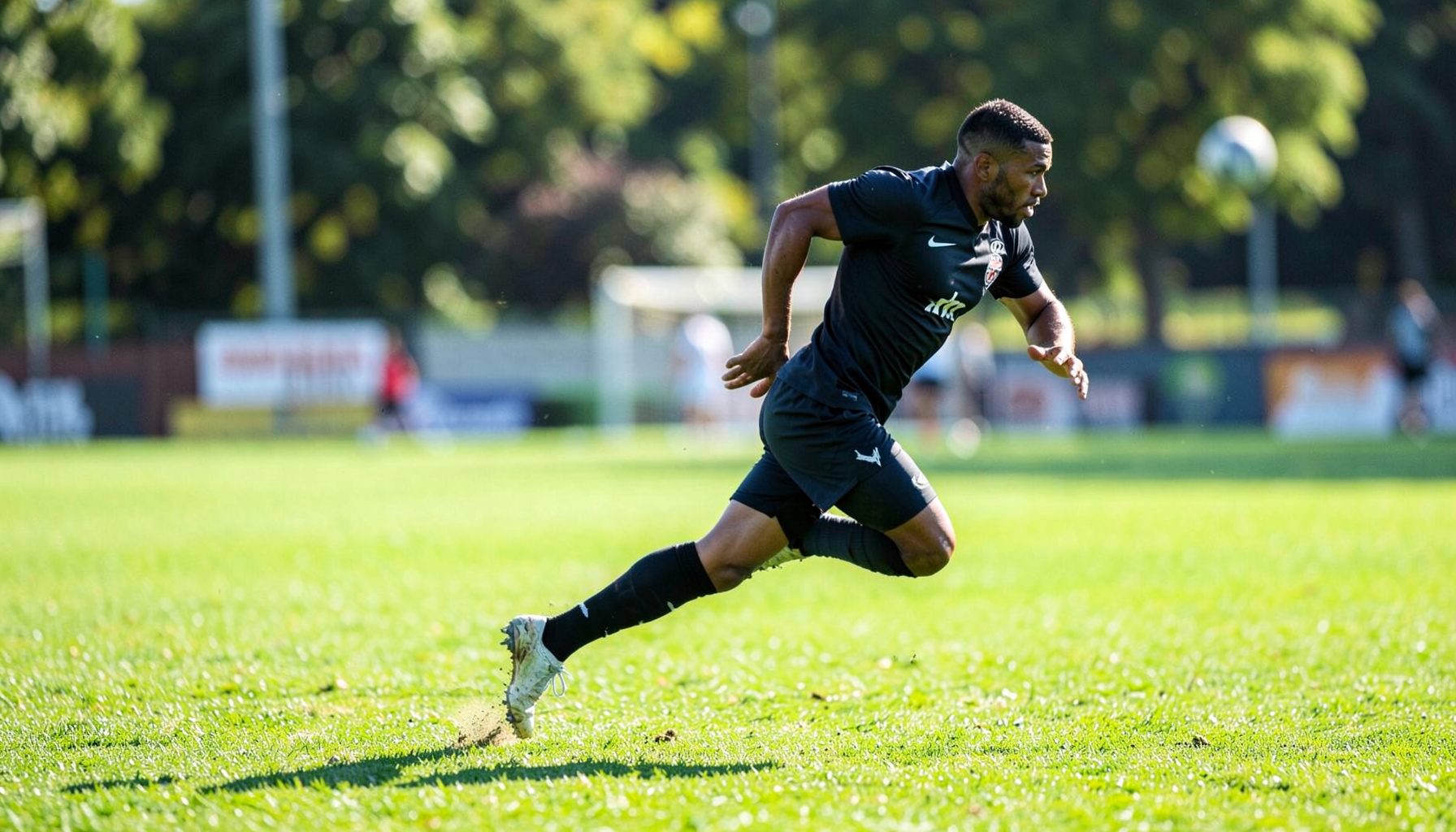 A football player in a dark kit sprinting along the sideline on a bright green pitch under afternoon sun