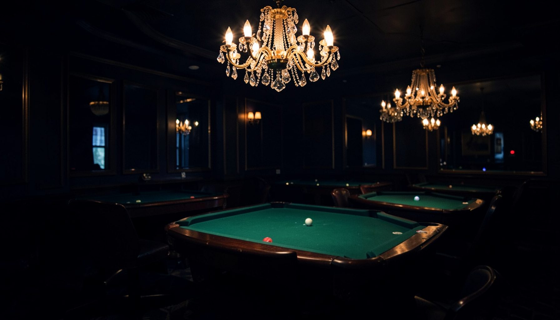 A dimly lit casino interior with green felt tables and warm amber chandeliers, deep navy shadows